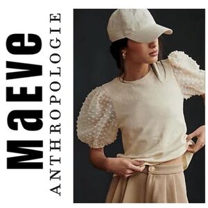 MAEVE by ANTHROPOLOGIE Ivory Sheer Puff Sleeve Top Cream Dots Whimsical Women S